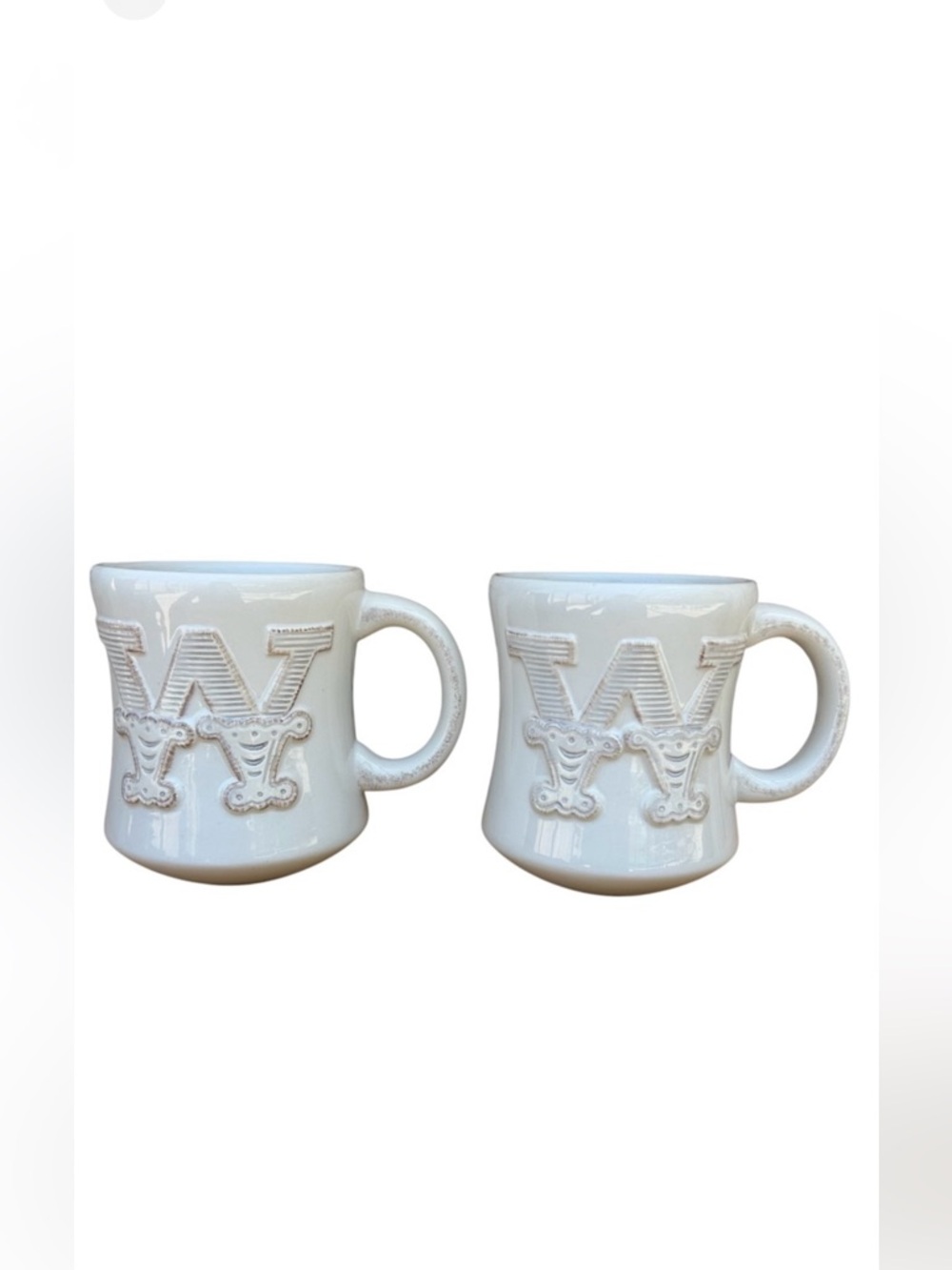 Vintage 2 Hallmark Stephen Carter Embossed W Monogrammed White Tan Ceramic Mugs
